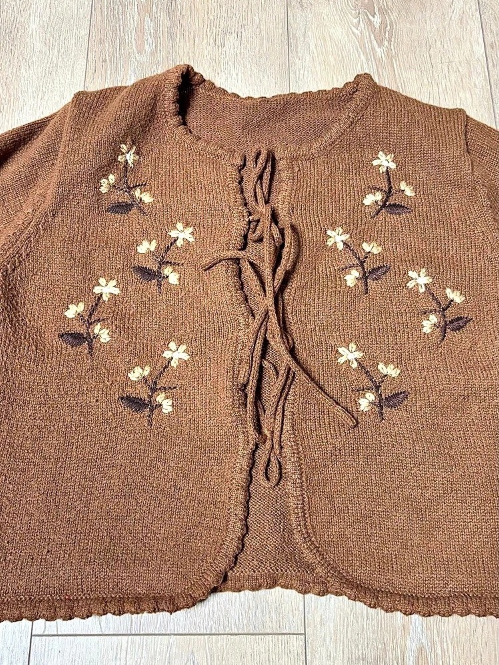 CIDER Floral Embroidery Knotted Cardigan Brown XL - Picture 4 of 10